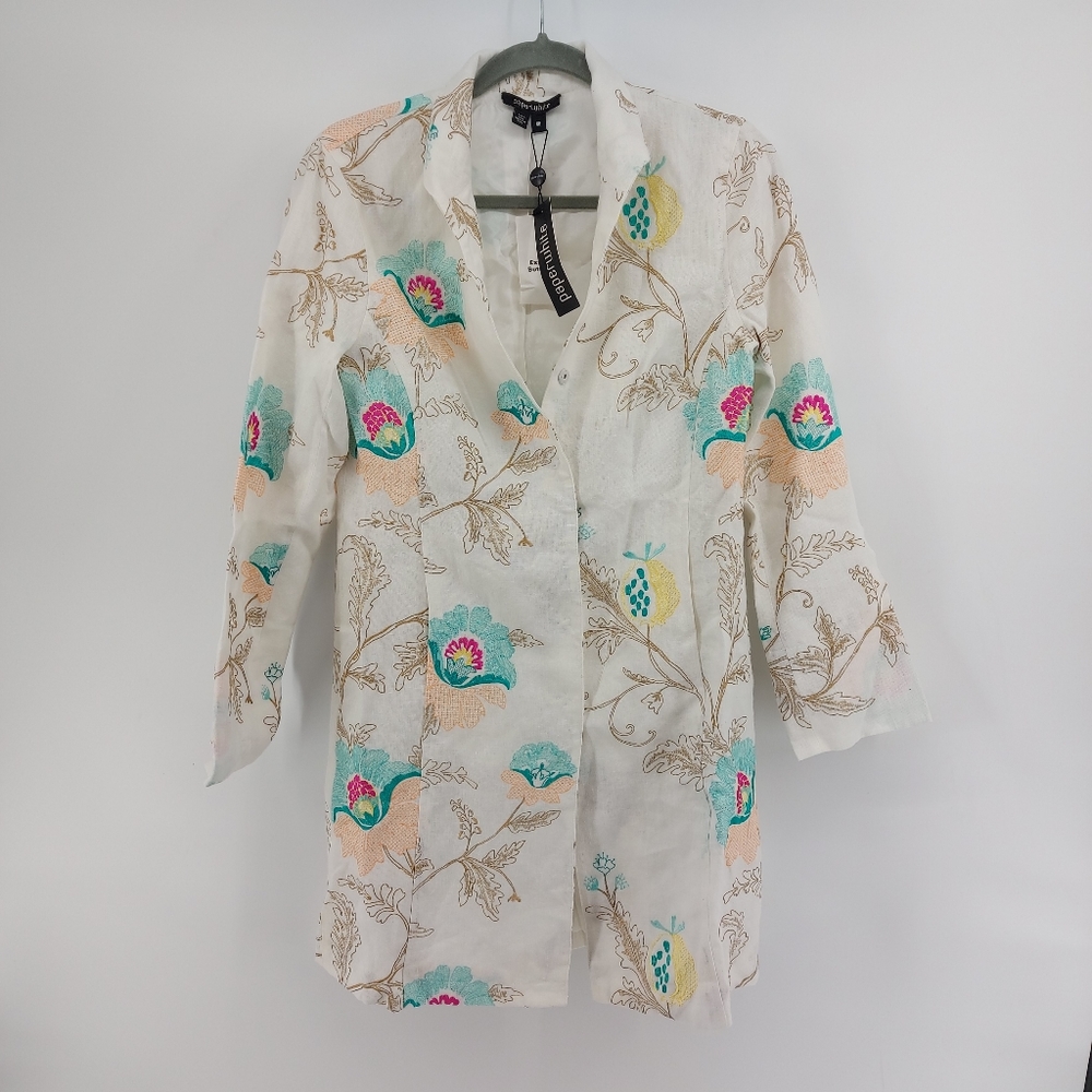 PaperWhite White Linen Embroidered Long Blazer Size 6